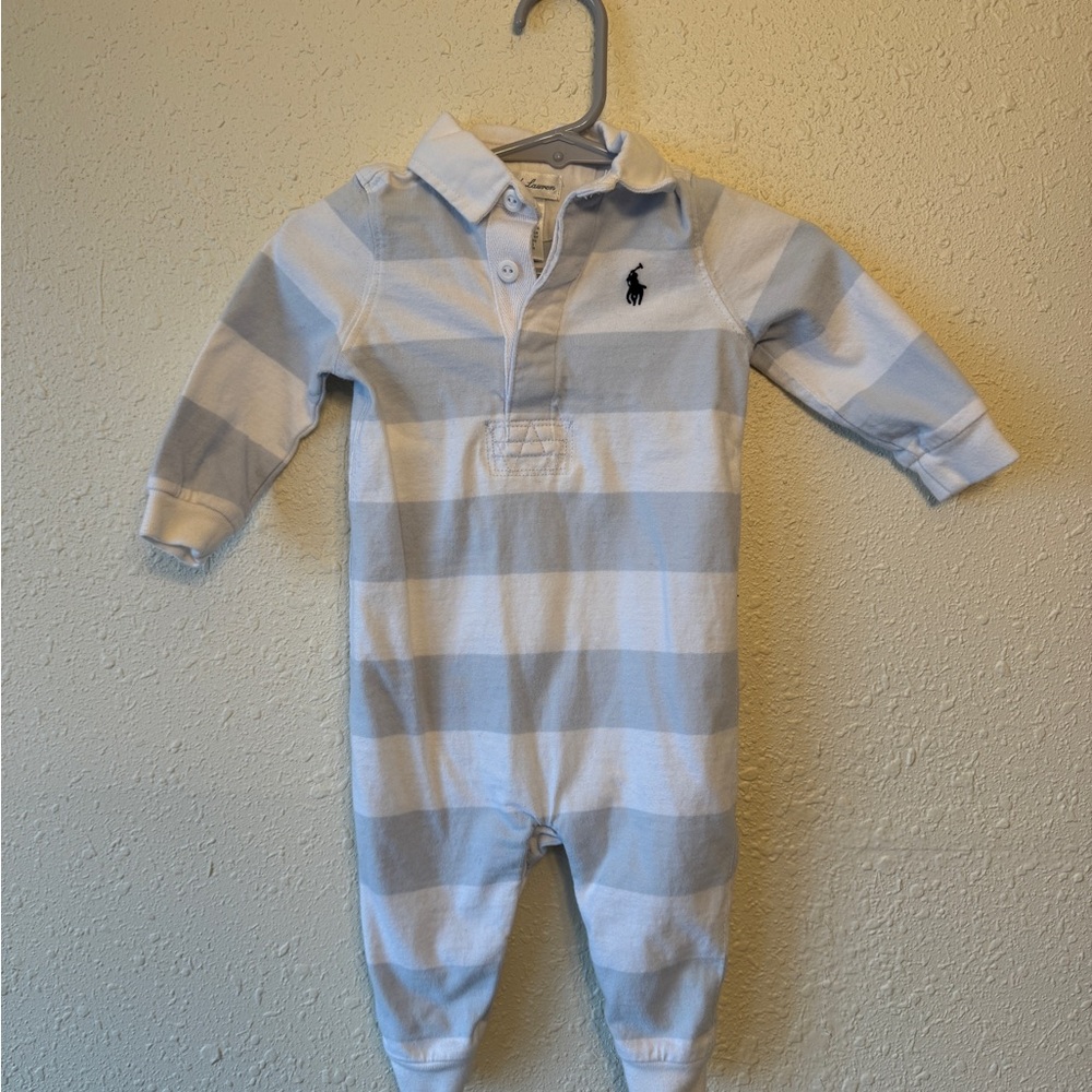 Ralph Lauren 6 month Light Blue & White Striped Polo Footie